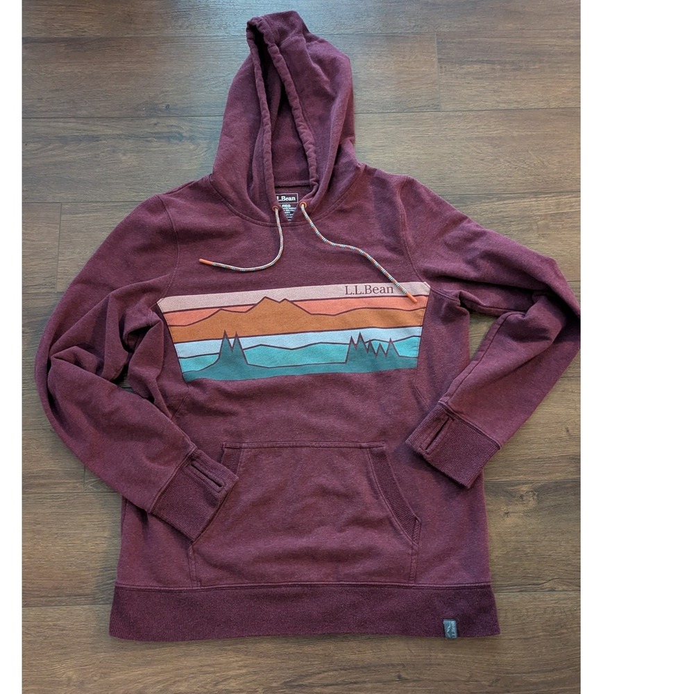 LL Bean Womens Burgundy Mountain Graphic Pullover Hoodie Sweatshirt Thumbholes M